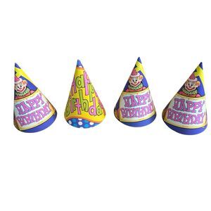 Vintage Circus CONE HATS (4) Birthday Party Supplies‎ Favor Paper 1980 Clown